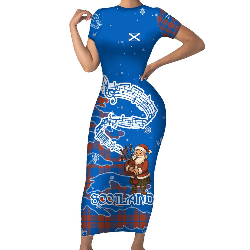 Scotland Christmas Family Matching Short Sleeve Bodycon Dress and Hawaiian Shirt with Santa Playing Bagpipes and Blue Red Tartan Music Notes - Wonder Print Shop