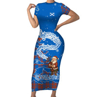 Scotland Christmas Family Matching Short Sleeve Bodycon Dress and Hawaiian Shirt with Santa Playing Bagpipes and Blue Red Tartan Music Notes - Wonder Print Shop
