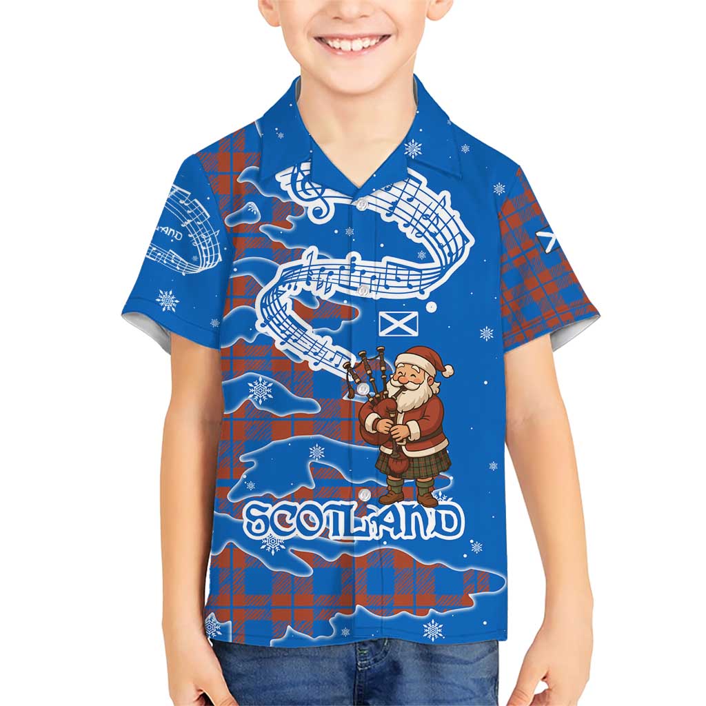 Scotland Christmas Family Matching Short Sleeve Bodycon Dress and Hawaiian Shirt with Santa Playing Bagpipes and Blue Red Tartan Music Notes - Wonder Print Shop