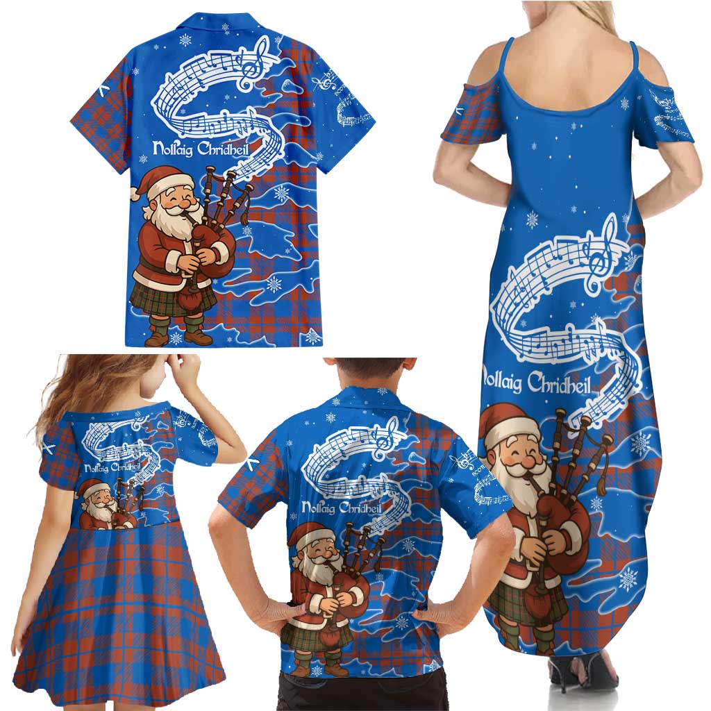 Scotland Christmas Family Matching Summer Maxi Dress and Hawaiian Shirt with Santa Playing Bagpipes and Blue Red Tartan Music Notes - Wonder Print Shop