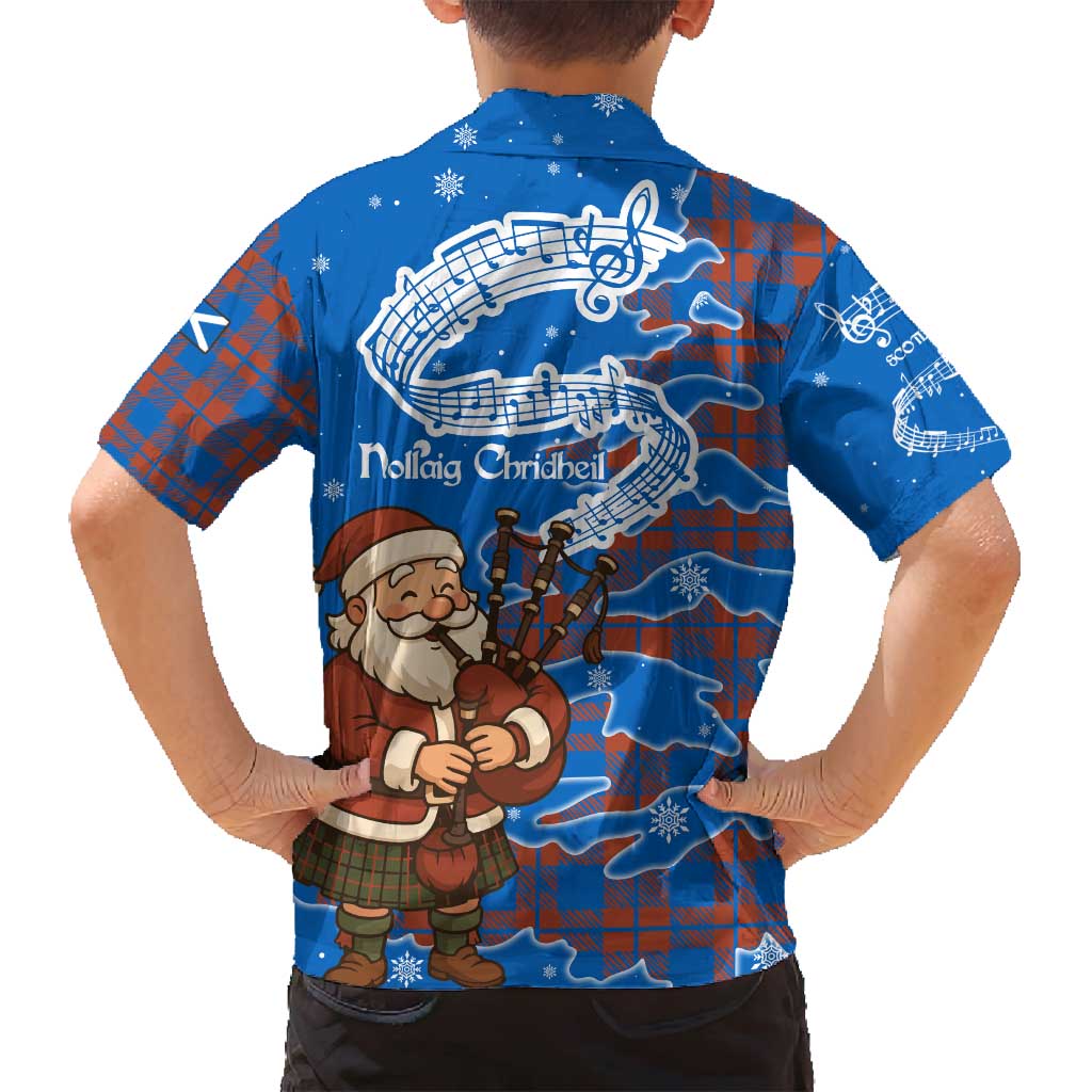 Scotland Christmas Family Matching Tank Maxi Dress and Hawaiian Shirt with Santa Playing Bagpipes and Blue Red Tartan Music Notes - Wonder Print Shop