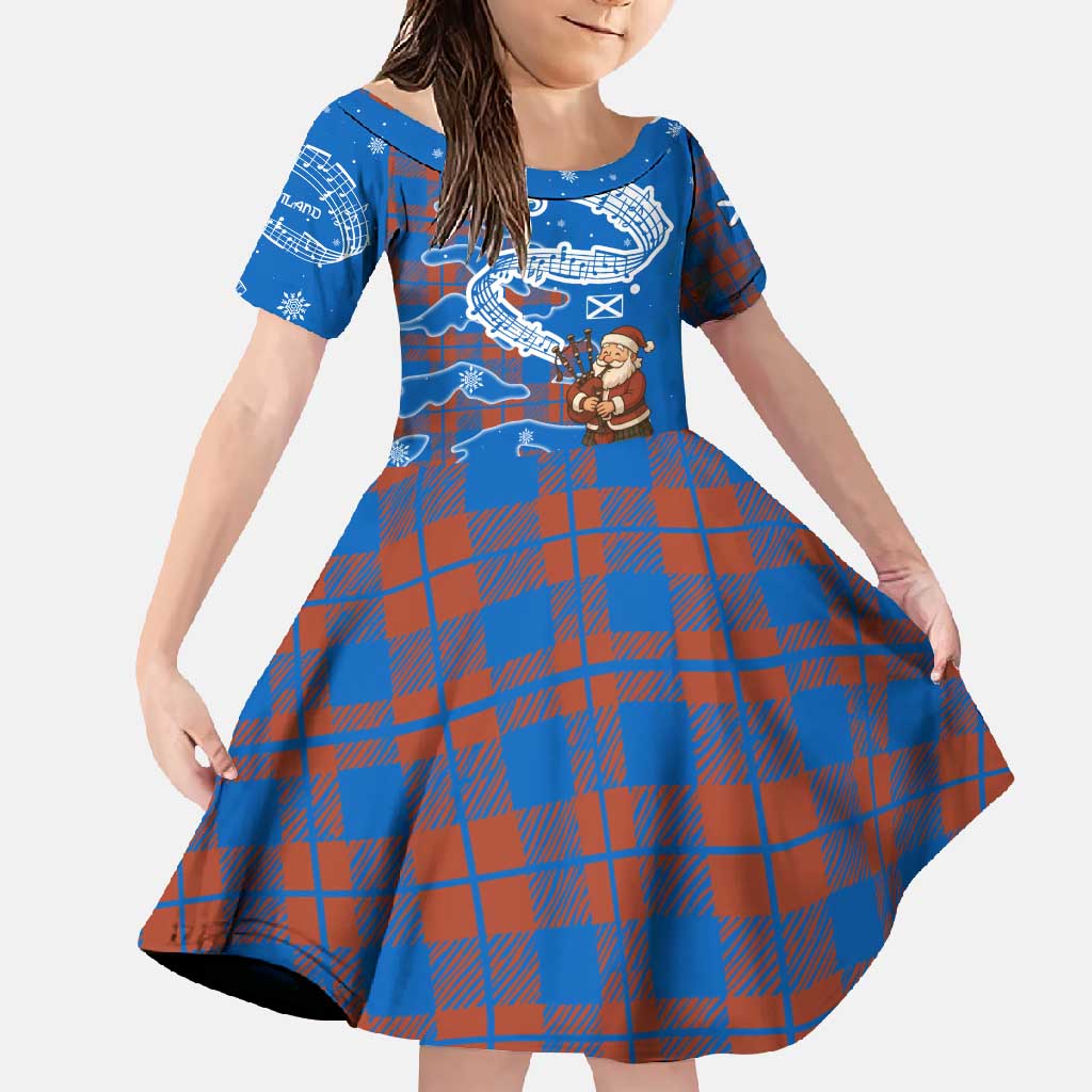 Scotland Christmas Family Matching Tank Maxi Dress and Hawaiian Shirt with Santa Playing Bagpipes and Blue Red Tartan Music Notes - Wonder Print Shop