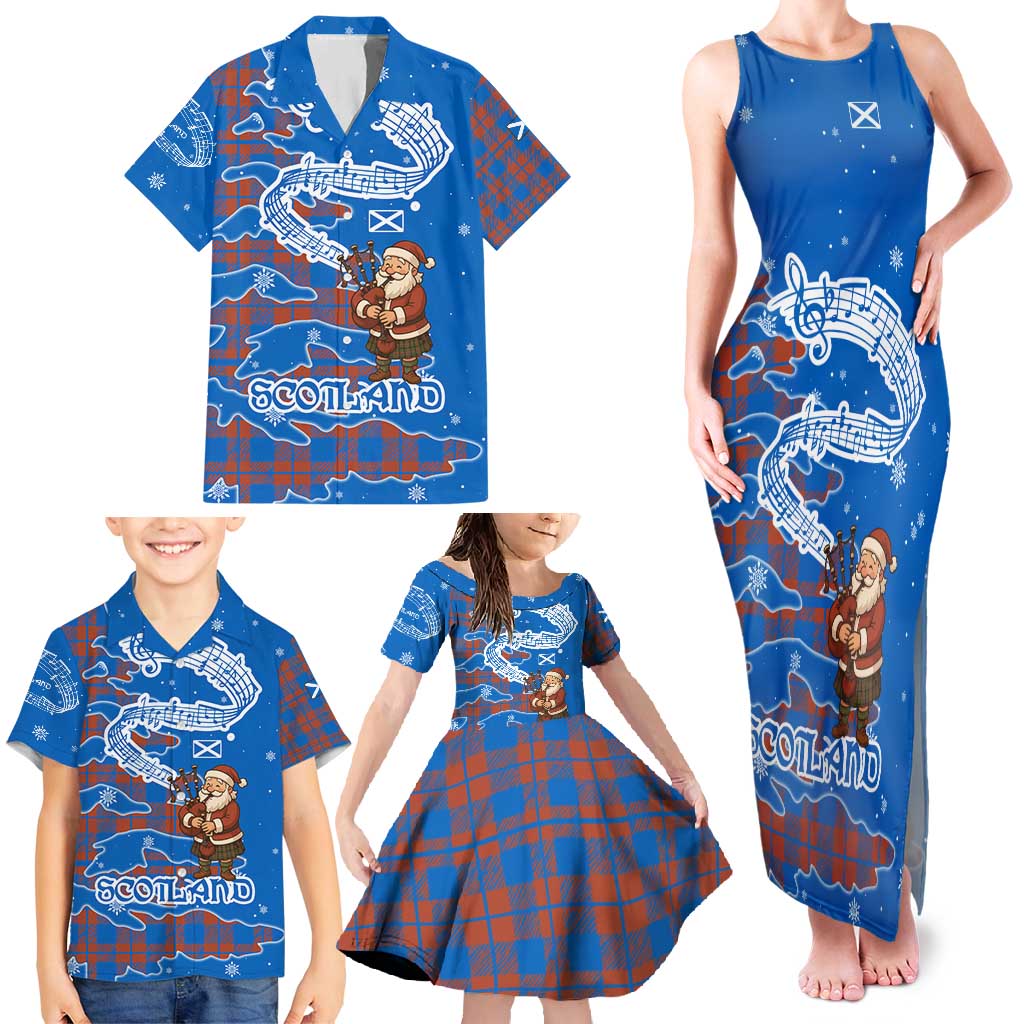 Scotland Christmas Family Matching Tank Maxi Dress and Hawaiian Shirt with Santa Playing Bagpipes and Blue Red Tartan Music Notes - Wonder Print Shop