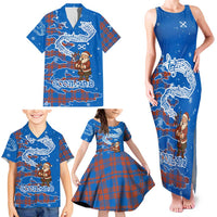 Scotland Christmas Family Matching Tank Maxi Dress and Hawaiian Shirt with Santa Playing Bagpipes and Blue Red Tartan Music Notes - Wonder Print Shop