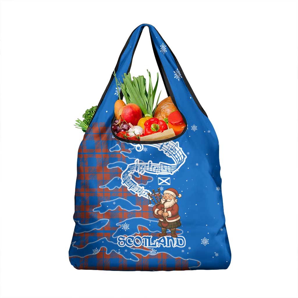 Scotland Christmas Grocery Bag with Santa Playing Bagpipes and Blue Red Tartan Music Notes - Wonder Print Shop