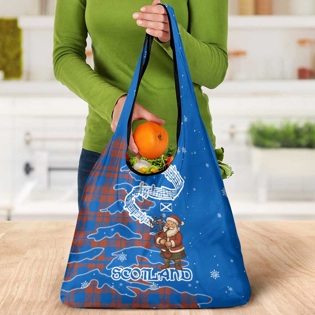 Scotland Christmas Grocery Bag with Santa Playing Bagpipes and Blue Red Tartan Music Notes - Wonder Print Shop