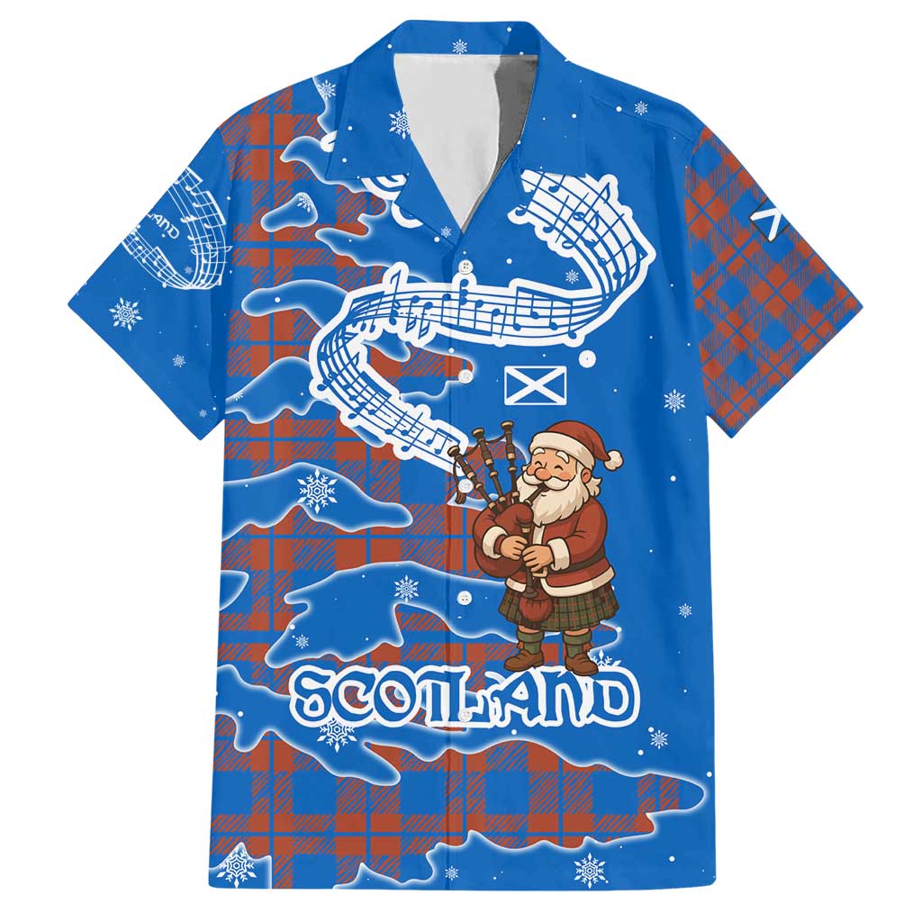 Scotland Christmas Hawaiian Shirt with Santa Playing Bagpipes and Blue Red Tartan Music Notes - Wonder Print Shop