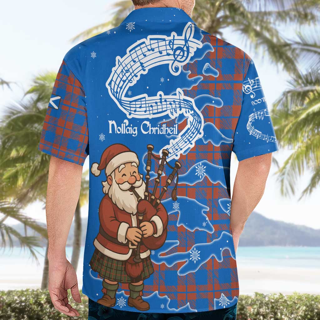 Scotland Christmas Hawaiian Shirt with Santa Playing Bagpipes and Blue Red Tartan Music Notes - Wonder Print Shop