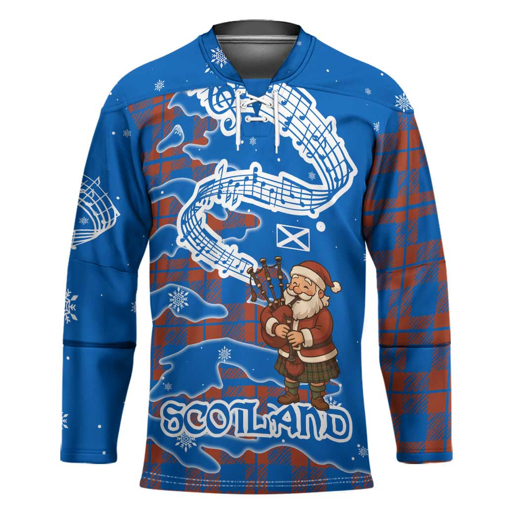 Scotland Christmas Hockey Jersey with Santa Playing Bagpipes and Blue Red Tartan Music Notes - Wonder Print Shop