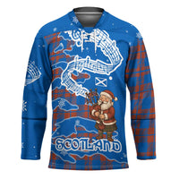 Scotland Christmas Hockey Jersey with Santa Playing Bagpipes and Blue Red Tartan Music Notes - Wonder Print Shop