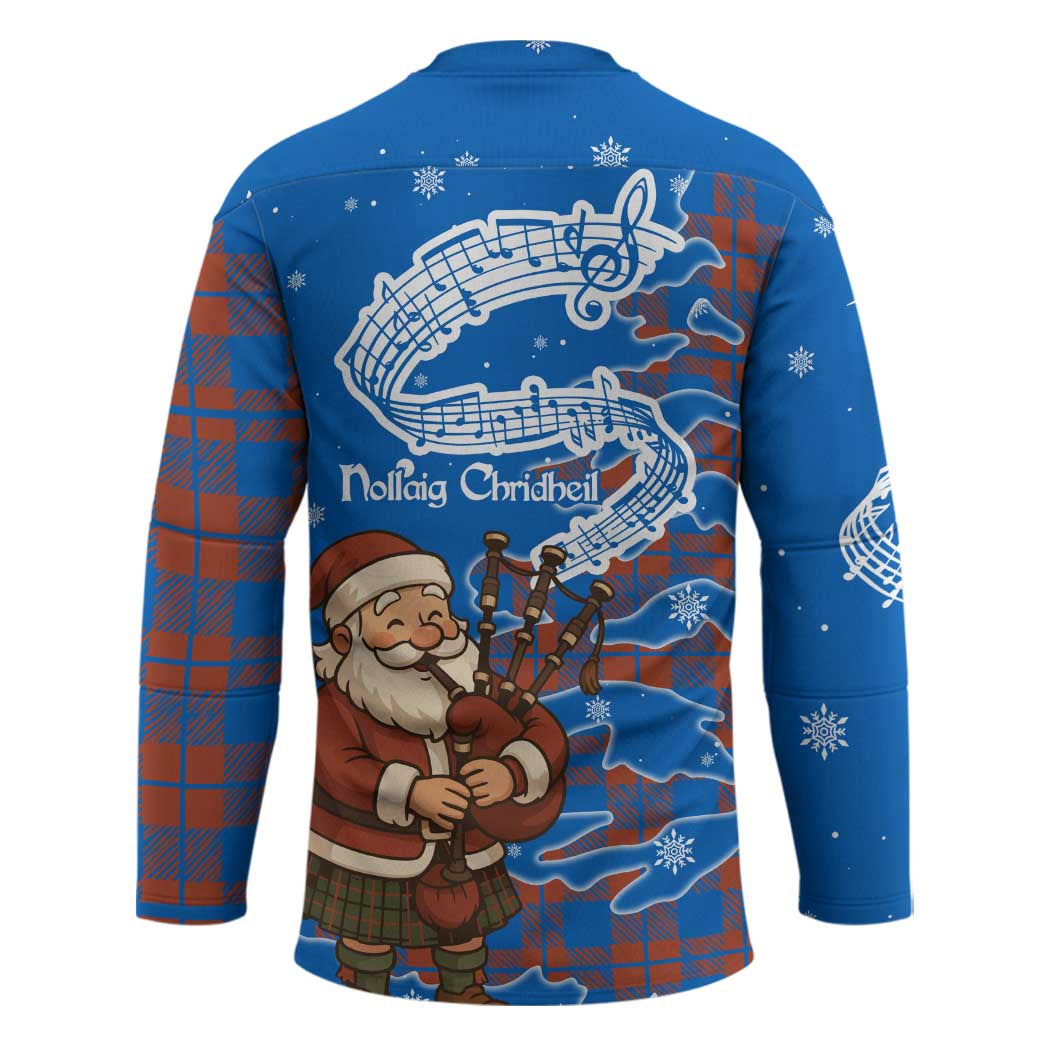 Scotland Christmas Hockey Jersey with Santa Playing Bagpipes and Blue Red Tartan Music Notes - Wonder Print Shop