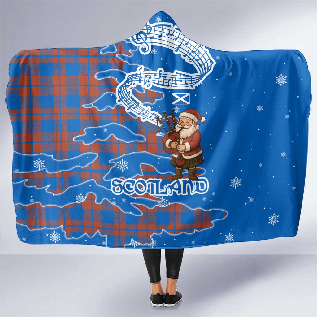 Scotland Christmas Hooded Blanket with Santa Playing Bagpipes and Blue Red Tartan Music Notes - Wonder Print Shop