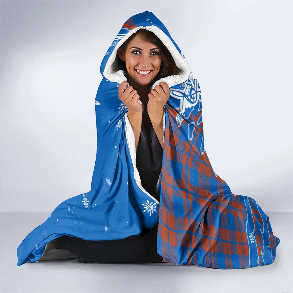 Scotland Christmas Hooded Blanket with Santa Playing Bagpipes and Blue Red Tartan Music Notes - Wonder Print Shop