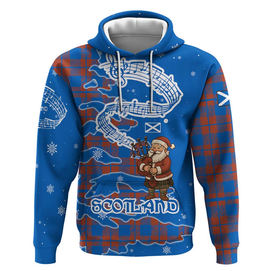 Scotland Christmas Hoodie with Santa Playing Bagpipes and Blue Red Tartan Music Notes - Wonder Print Shop
