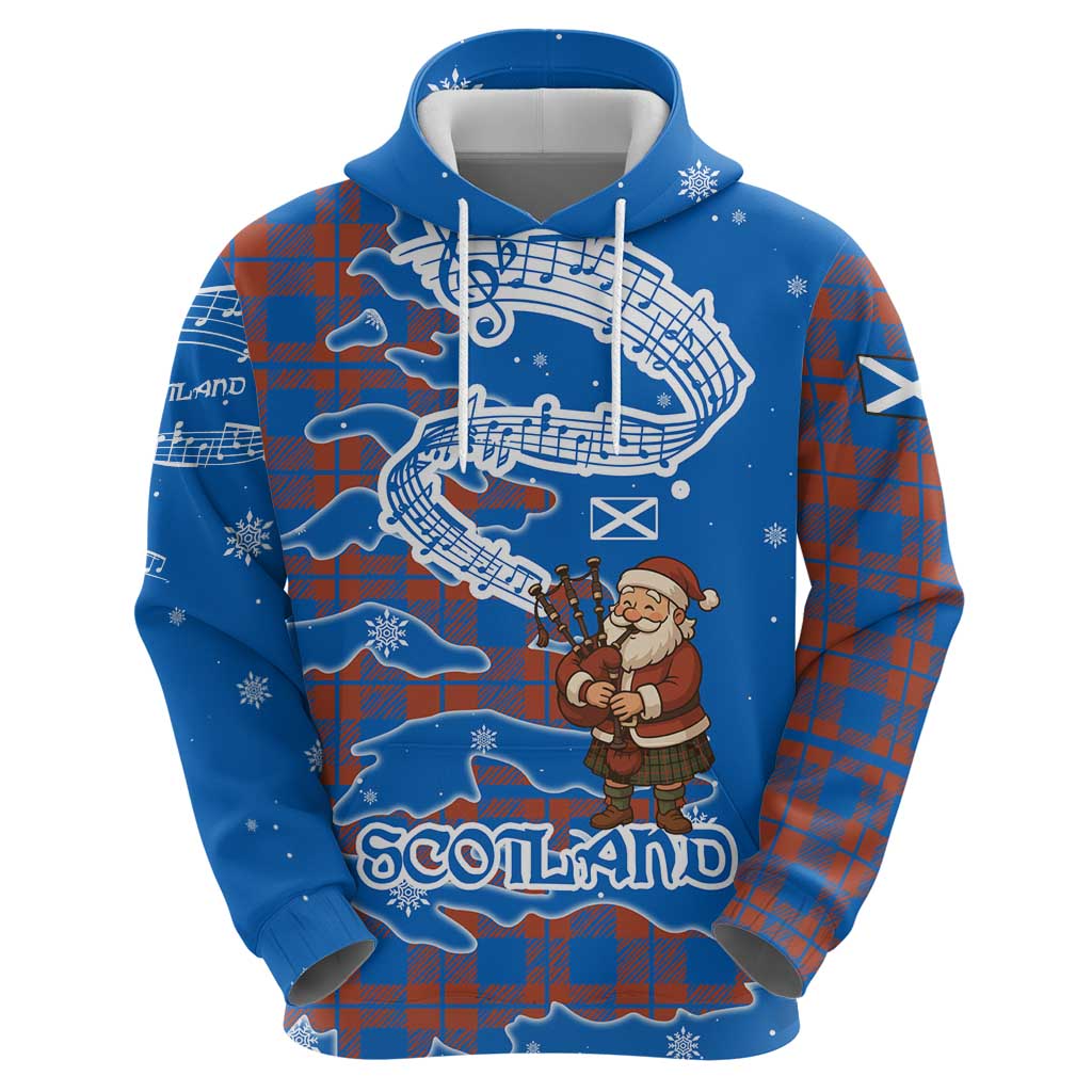 Scotland Christmas Hoodie with Santa Playing Bagpipes and Blue Red Tartan Music Notes - Wonder Print Shop
