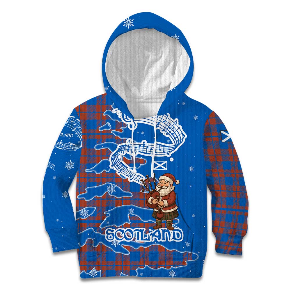 Scotland Christmas Kid Hoodie with Santa Playing Bagpipes and Blue Red Tartan Music Notes - Wonder Print Shop