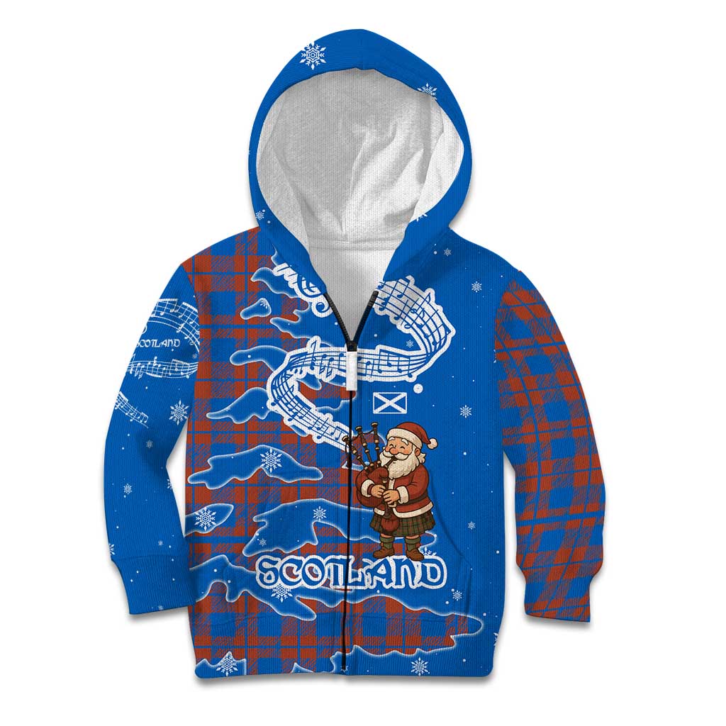 Scotland Christmas Kid Hoodie with Santa Playing Bagpipes and Blue Red Tartan Music Notes - Wonder Print Shop