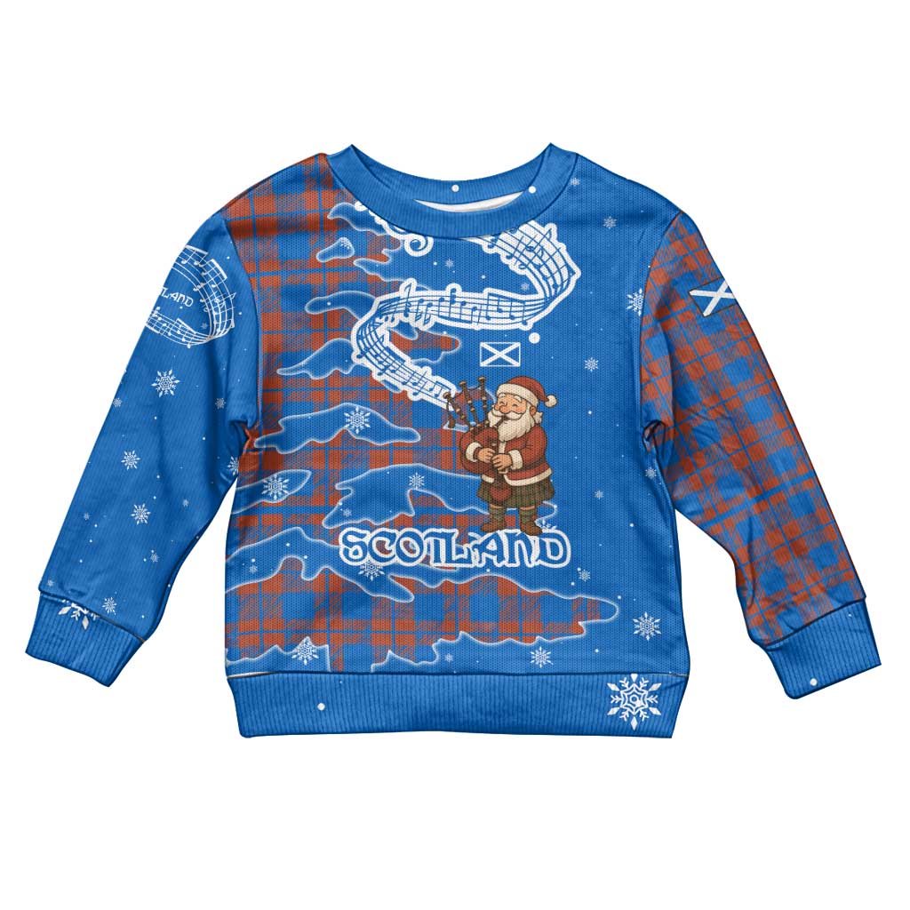 Scotland Christmas Kid Ugly Christmas Sweater with Santa Playing Bagpipes and Blue Red Tartan Music Notes - Wonder Print Shop