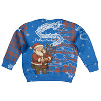 Scotland Christmas Kid Ugly Christmas Sweater with Santa Playing Bagpipes and Blue Red Tartan Music Notes - Wonder Print Shop