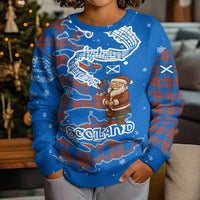 Scotland Christmas Kid Ugly Christmas Sweater with Santa Playing Bagpipes and Blue Red Tartan Music Notes - Wonder Print Shop