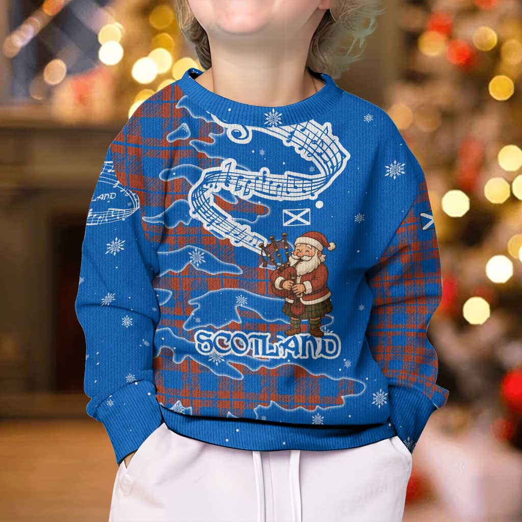 Scotland Christmas Kid Ugly Christmas Sweater with Santa Playing Bagpipes and Blue Red Tartan Music Notes - Wonder Print Shop