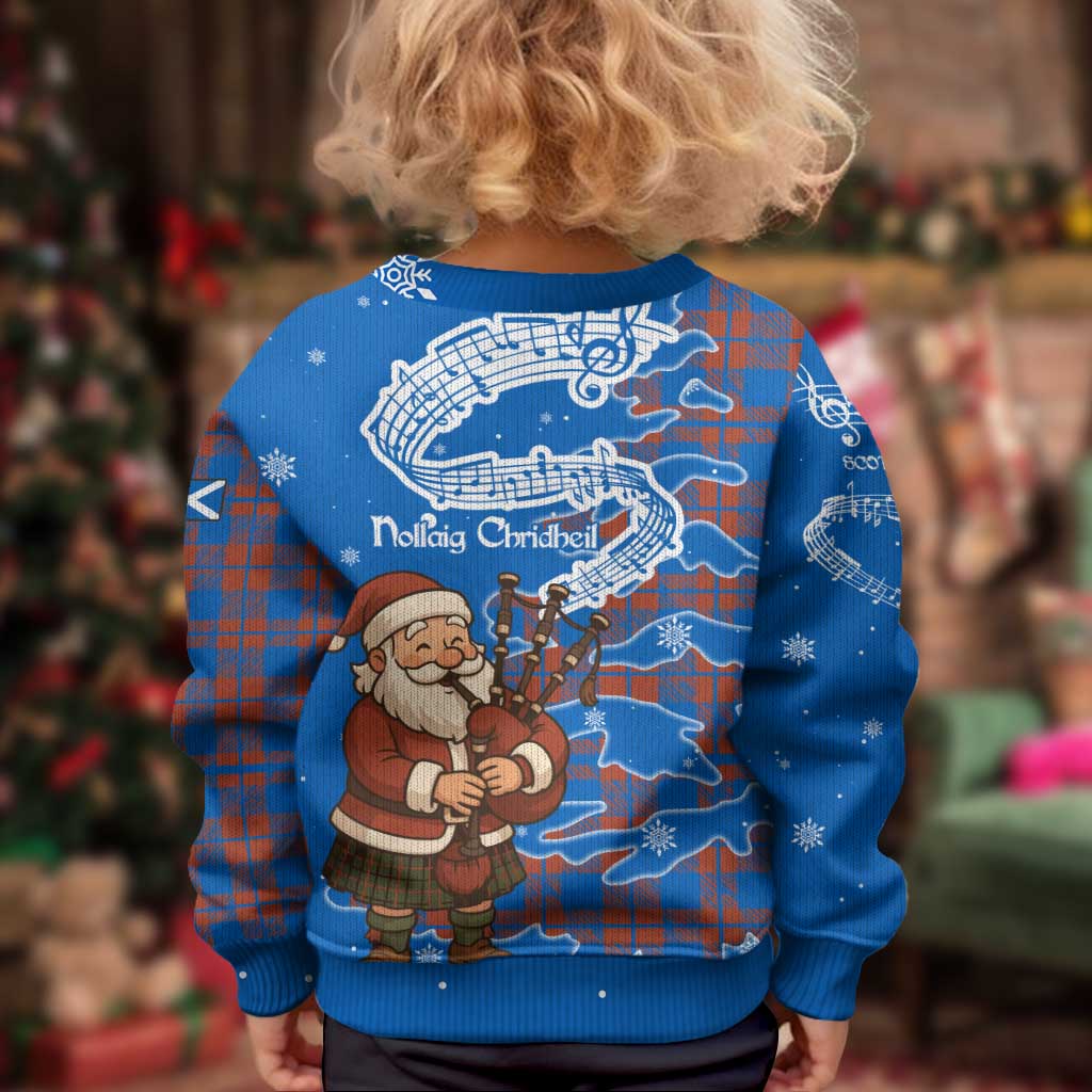 Scotland Christmas Kid Ugly Christmas Sweater with Santa Playing Bagpipes and Blue Red Tartan Music Notes - Wonder Print Shop