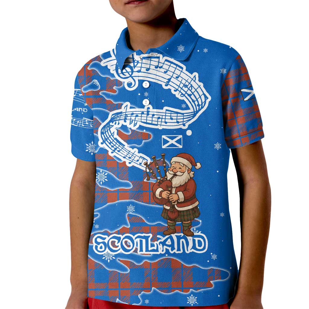 Scotland Christmas Kid Polo Shirt with Santa Playing Bagpipes and Blue Red Tartan Music Notes - Wonder Print Shop