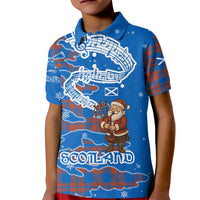 Scotland Christmas Kid Polo Shirt with Santa Playing Bagpipes and Blue Red Tartan Music Notes - Wonder Print Shop