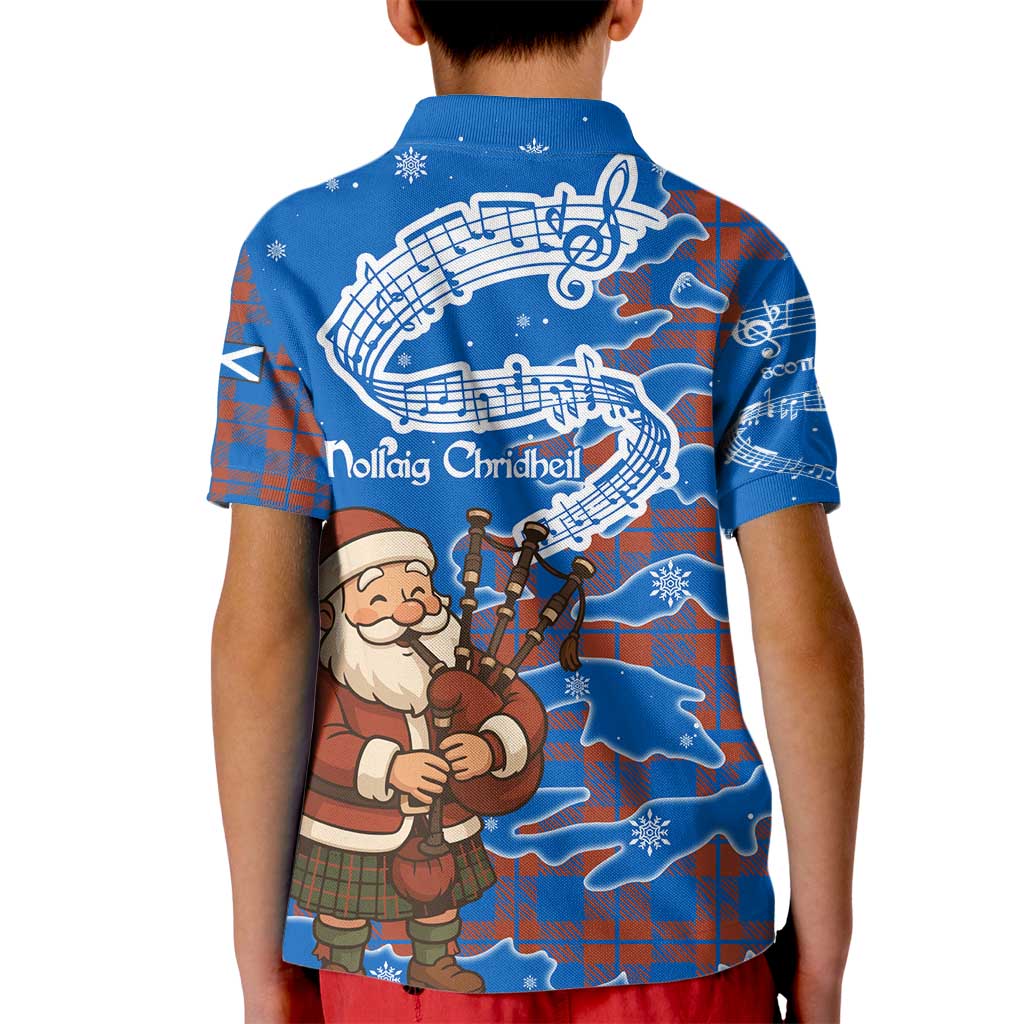Scotland Christmas Kid Polo Shirt with Santa Playing Bagpipes and Blue Red Tartan Music Notes - Wonder Print Shop