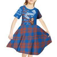 Scotland Christmas Kid Short Sleeve Dress with Santa Playing Bagpipes and Blue Red Tartan Music Notes - Wonder Print Shop