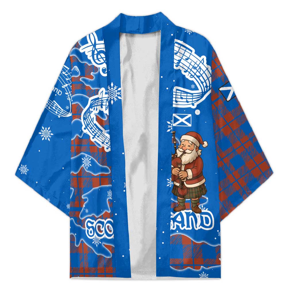 Scotland Christmas Kimono with Santa Playing Bagpipes and Blue Red Tartan Music Notes - Wonder Print Shop