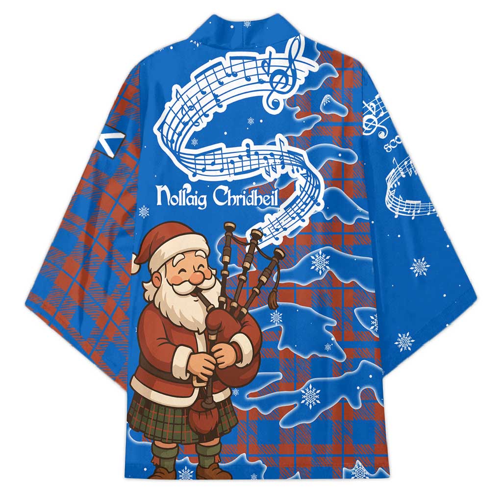 Scotland Christmas Kimono with Santa Playing Bagpipes and Blue Red Tartan Music Notes - Wonder Print Shop