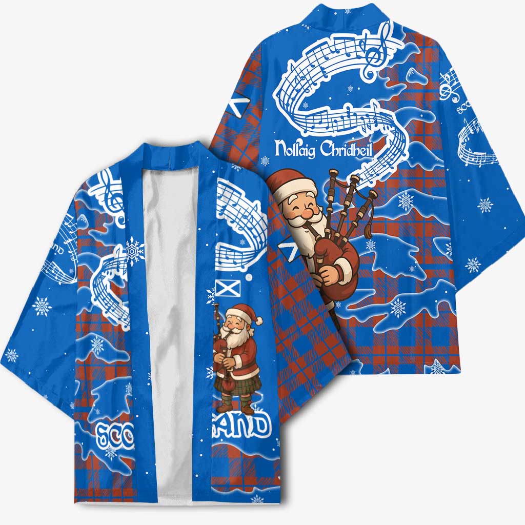Scotland Christmas Kimono with Santa Playing Bagpipes and Blue Red Tartan Music Notes - Wonder Print Shop