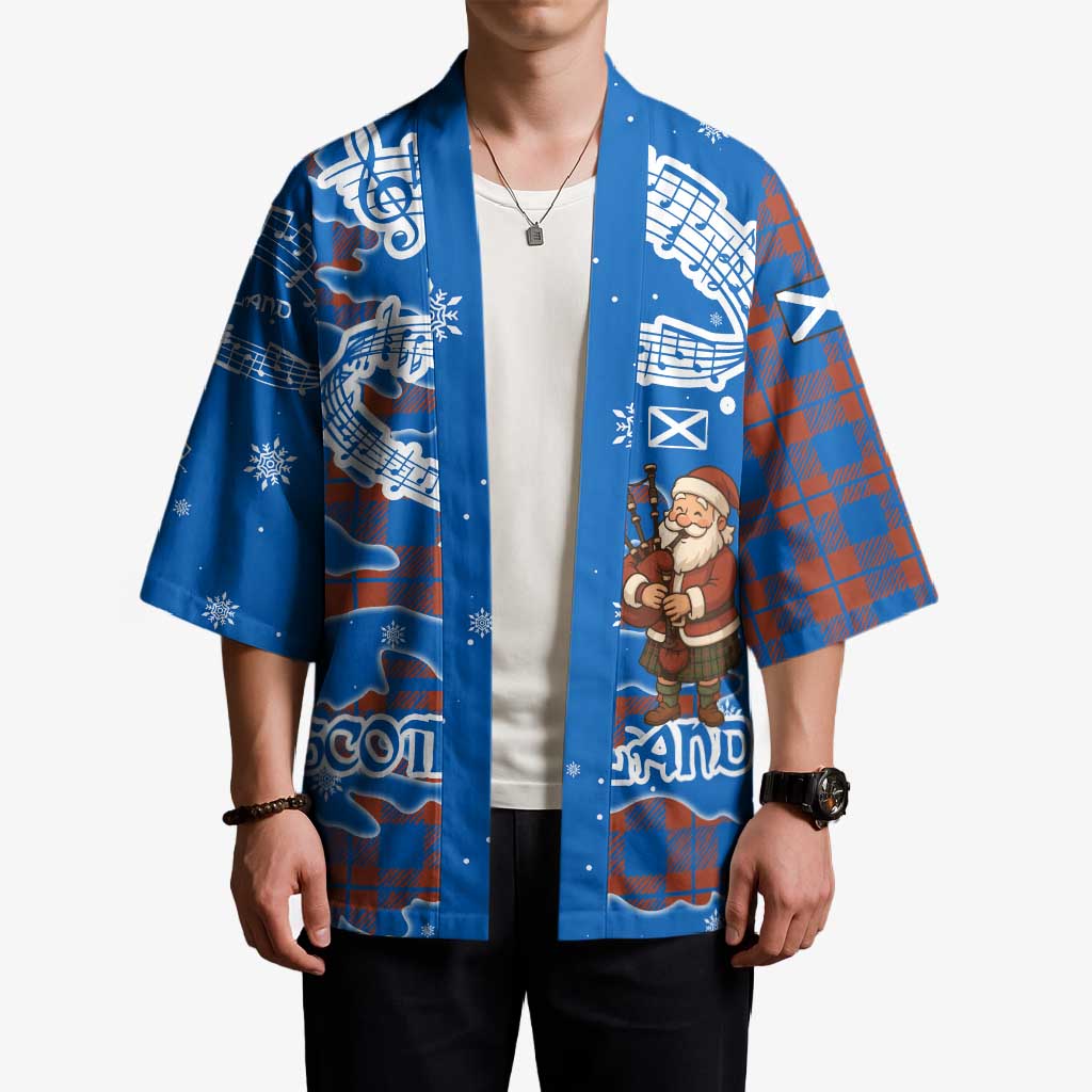 Scotland Christmas Kimono with Santa Playing Bagpipes and Blue Red Tartan Music Notes - Wonder Print Shop
