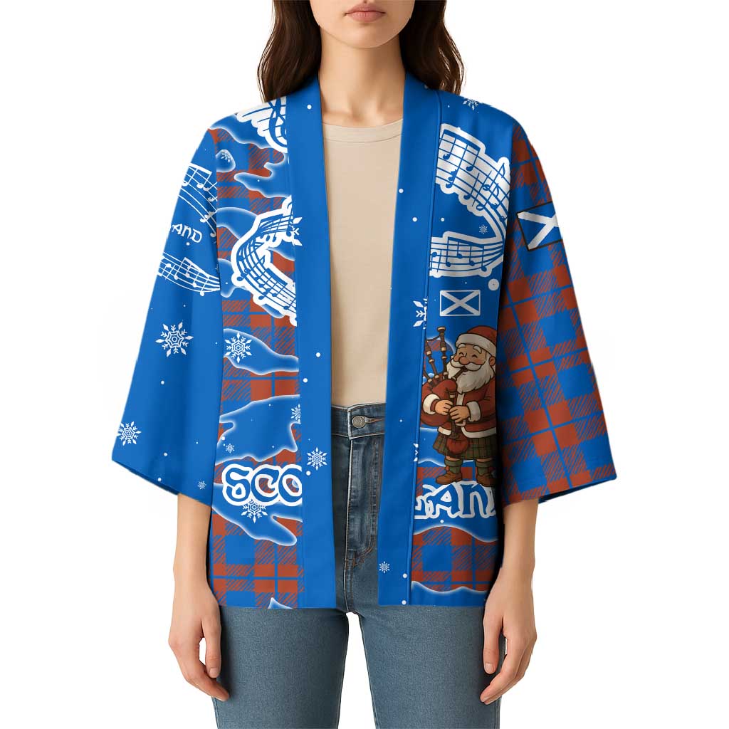 Scotland Christmas Kimono with Santa Playing Bagpipes and Blue Red Tartan Music Notes - Wonder Print Shop