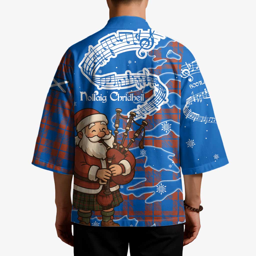 Scotland Christmas Kimono with Santa Playing Bagpipes and Blue Red Tartan Music Notes - Wonder Print Shop