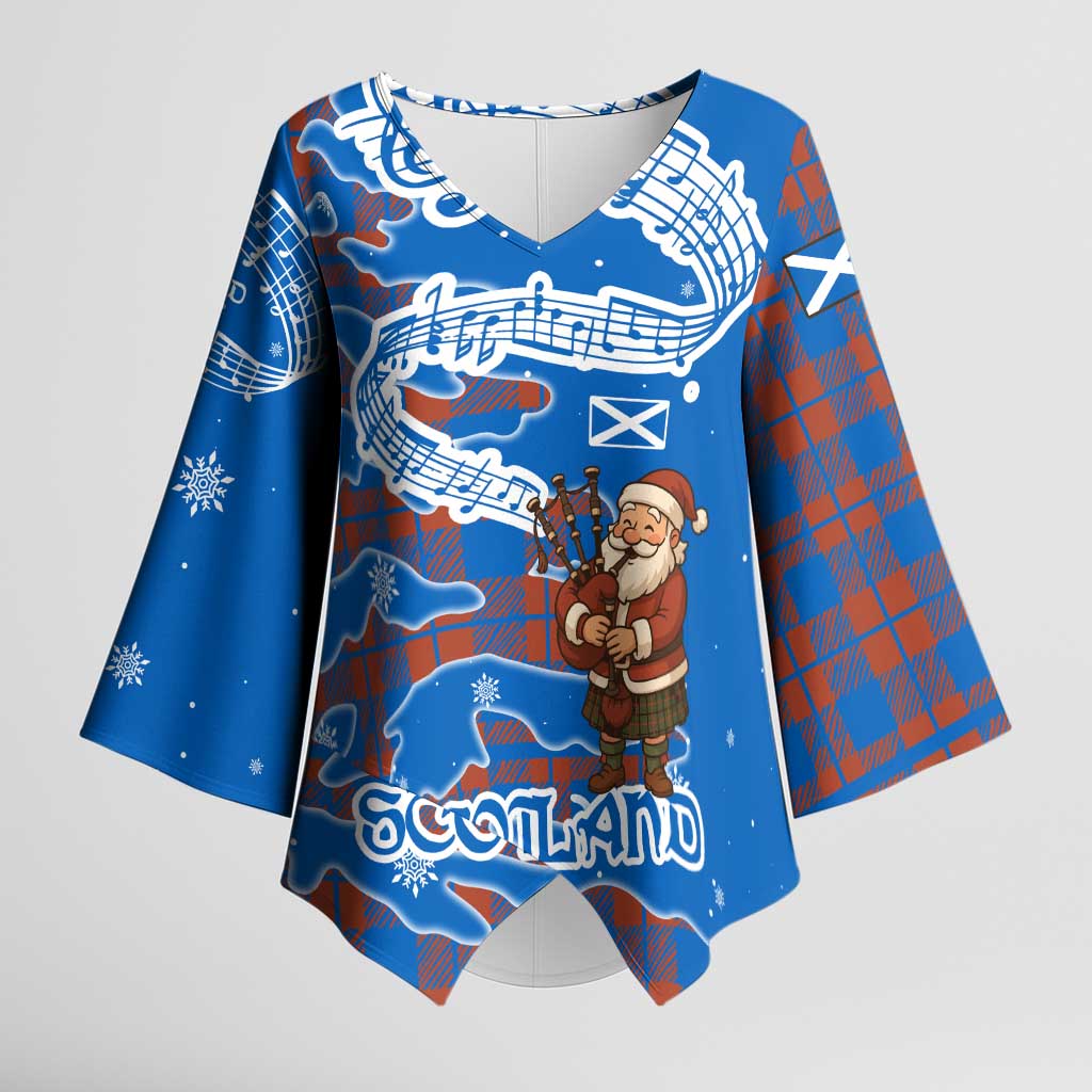 Scotland Christmas Kimono Sleeve Blouse with Santa Playing Bagpipes and Blue Red Tartan Music Notes - Wonder Print Shop