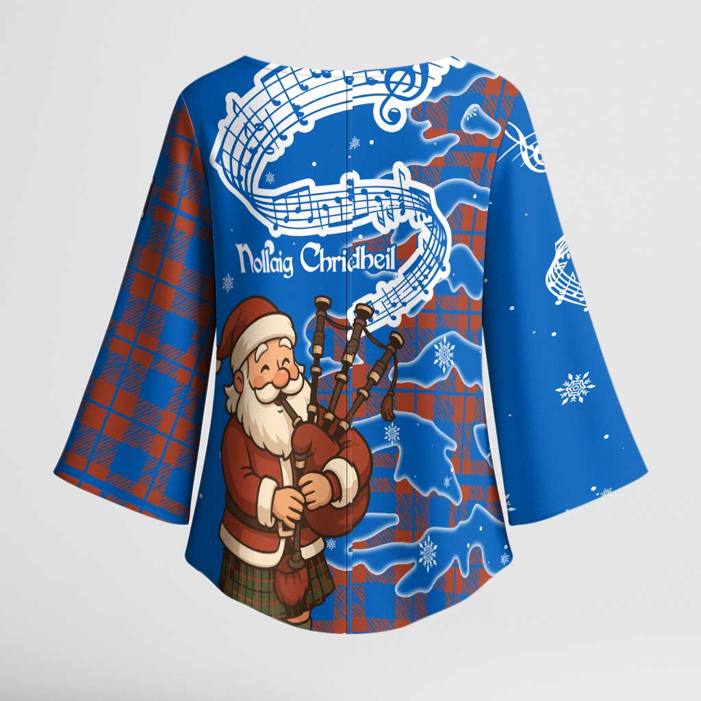 Scotland Christmas Kimono Sleeve Blouse with Santa Playing Bagpipes and Blue Red Tartan Music Notes - Wonder Print Shop