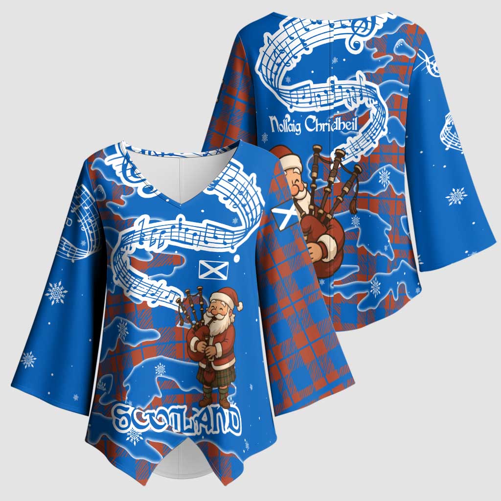 Scotland Christmas Kimono Sleeve Blouse with Santa Playing Bagpipes and Blue Red Tartan Music Notes - Wonder Print Shop