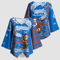Scotland Christmas Kimono Sleeve Blouse with Santa Playing Bagpipes and Blue Red Tartan Music Notes - Wonder Print Shop