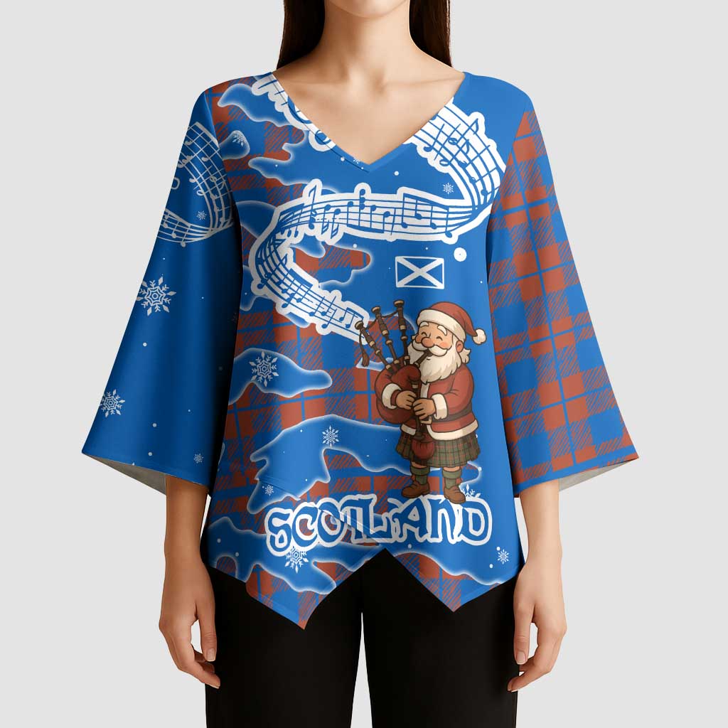 Scotland Christmas Kimono Sleeve Blouse with Santa Playing Bagpipes and Blue Red Tartan Music Notes - Wonder Print Shop