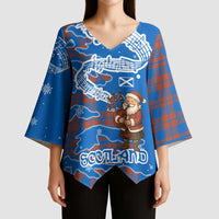 Scotland Christmas Kimono Sleeve Blouse with Santa Playing Bagpipes and Blue Red Tartan Music Notes - Wonder Print Shop