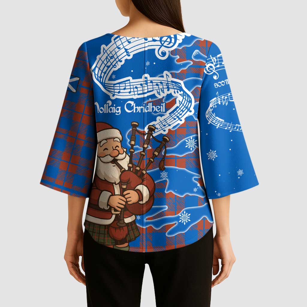 Scotland Christmas Kimono Sleeve Blouse with Santa Playing Bagpipes and Blue Red Tartan Music Notes - Wonder Print Shop