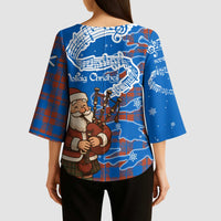 Scotland Christmas Kimono Sleeve Blouse with Santa Playing Bagpipes and Blue Red Tartan Music Notes - Wonder Print Shop