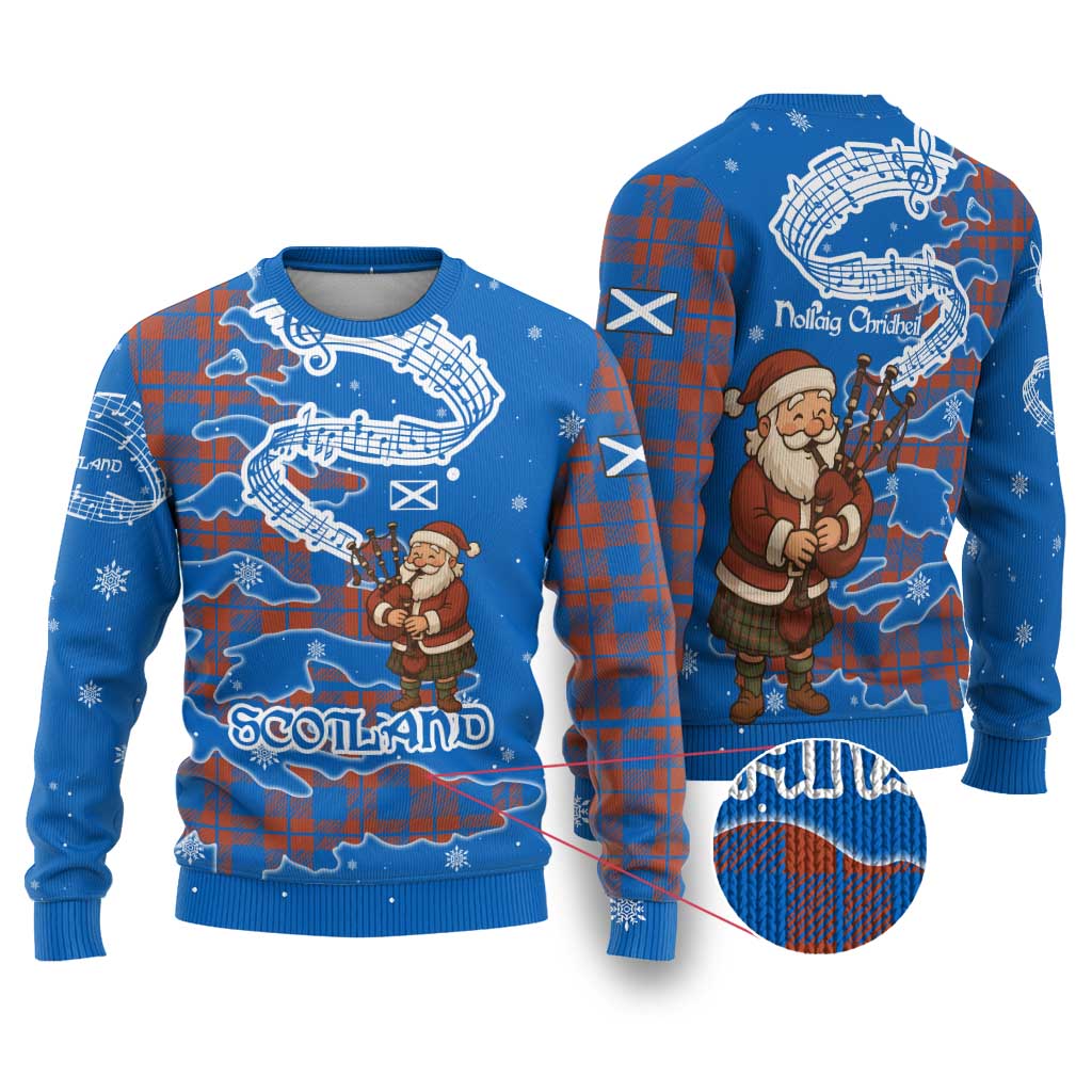 Scotland Christmas Ugly Christmas Sweater with Santa Playing Bagpipes and Blue Red Tartan Music Notes - Wonder Print Shop