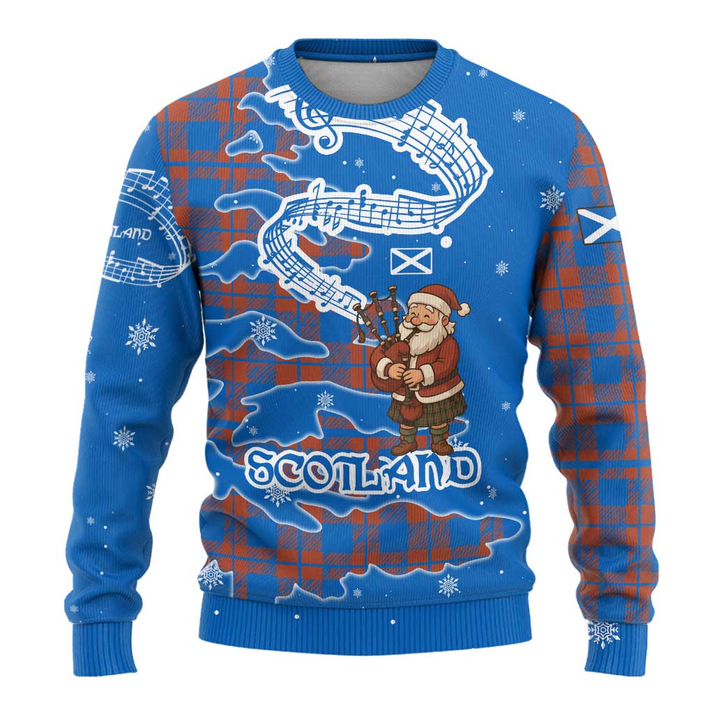 Scotland Christmas Ugly Christmas Sweater with Santa Playing Bagpipes and Blue Red Tartan Music Notes - Wonder Print Shop