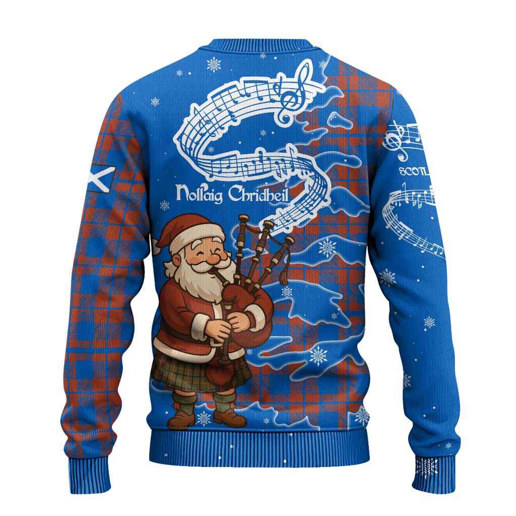 Scotland Christmas Ugly Christmas Sweater with Santa Playing Bagpipes and Blue Red Tartan Music Notes - Wonder Print Shop