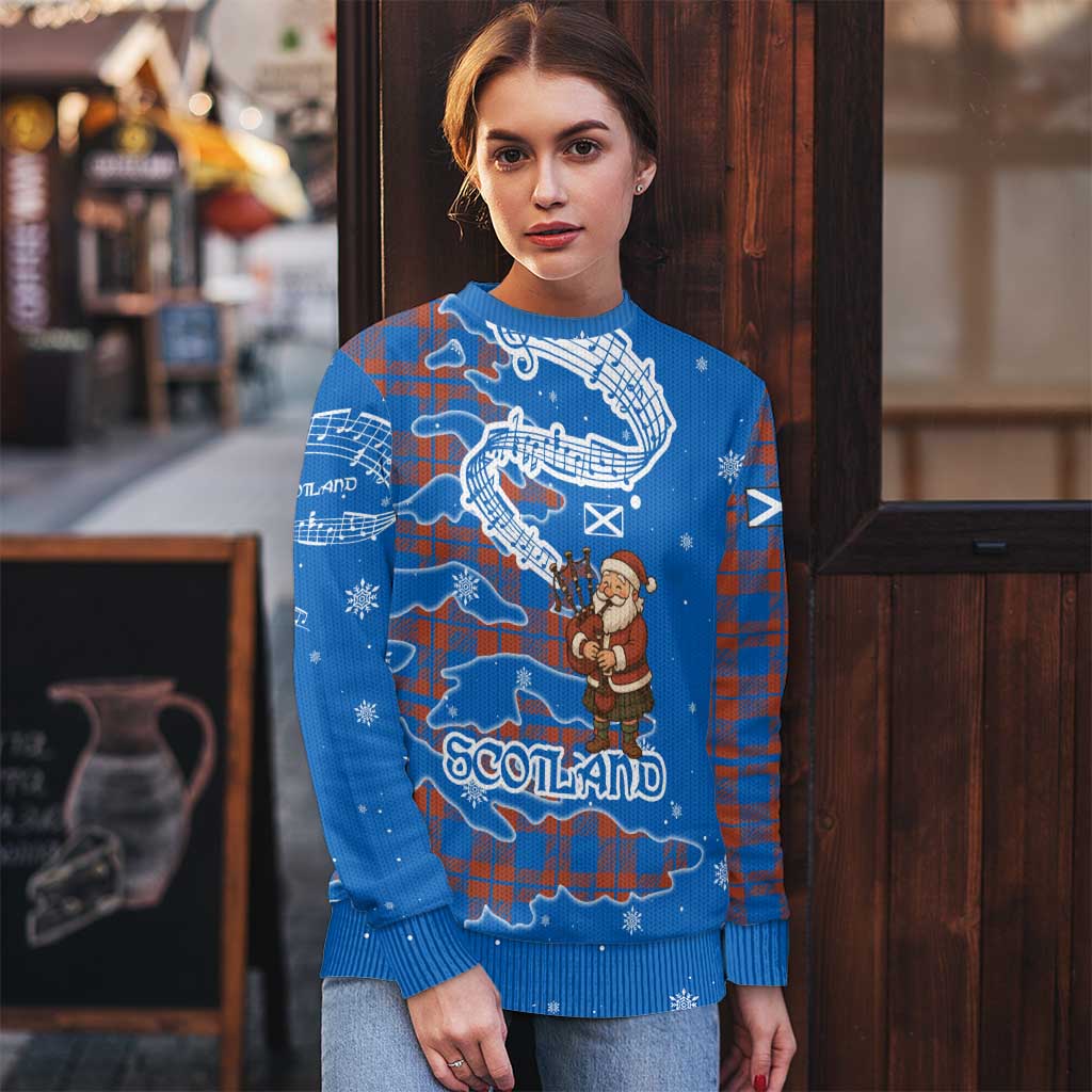 Scotland Christmas Ugly Christmas Sweater with Santa Playing Bagpipes and Blue Red Tartan Music Notes - Wonder Print Shop
