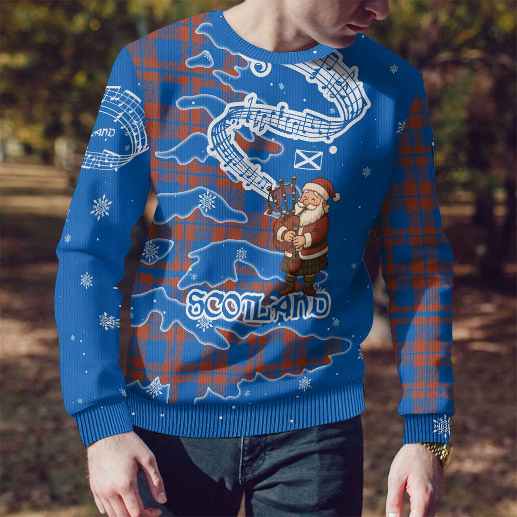 Scotland Christmas Ugly Christmas Sweater with Santa Playing Bagpipes and Blue Red Tartan Music Notes - Wonder Print Shop
