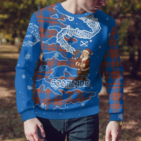 Scotland Christmas Ugly Christmas Sweater with Santa Playing Bagpipes and Blue Red Tartan Music Notes - Wonder Print Shop